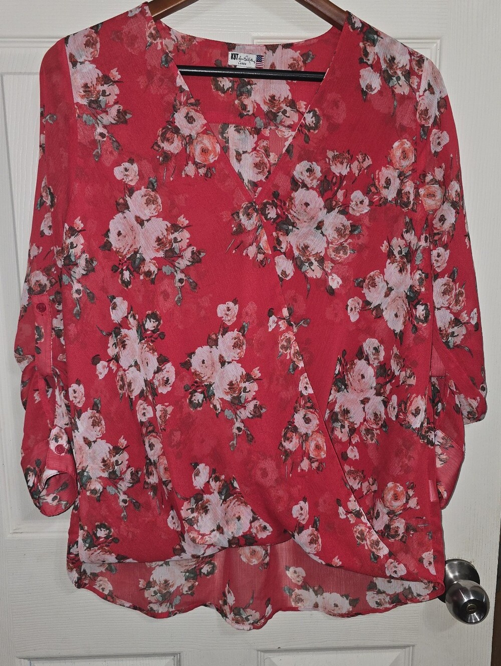 Kut from the Kloth Red Floral Wrap Blouse with Pink Blooms